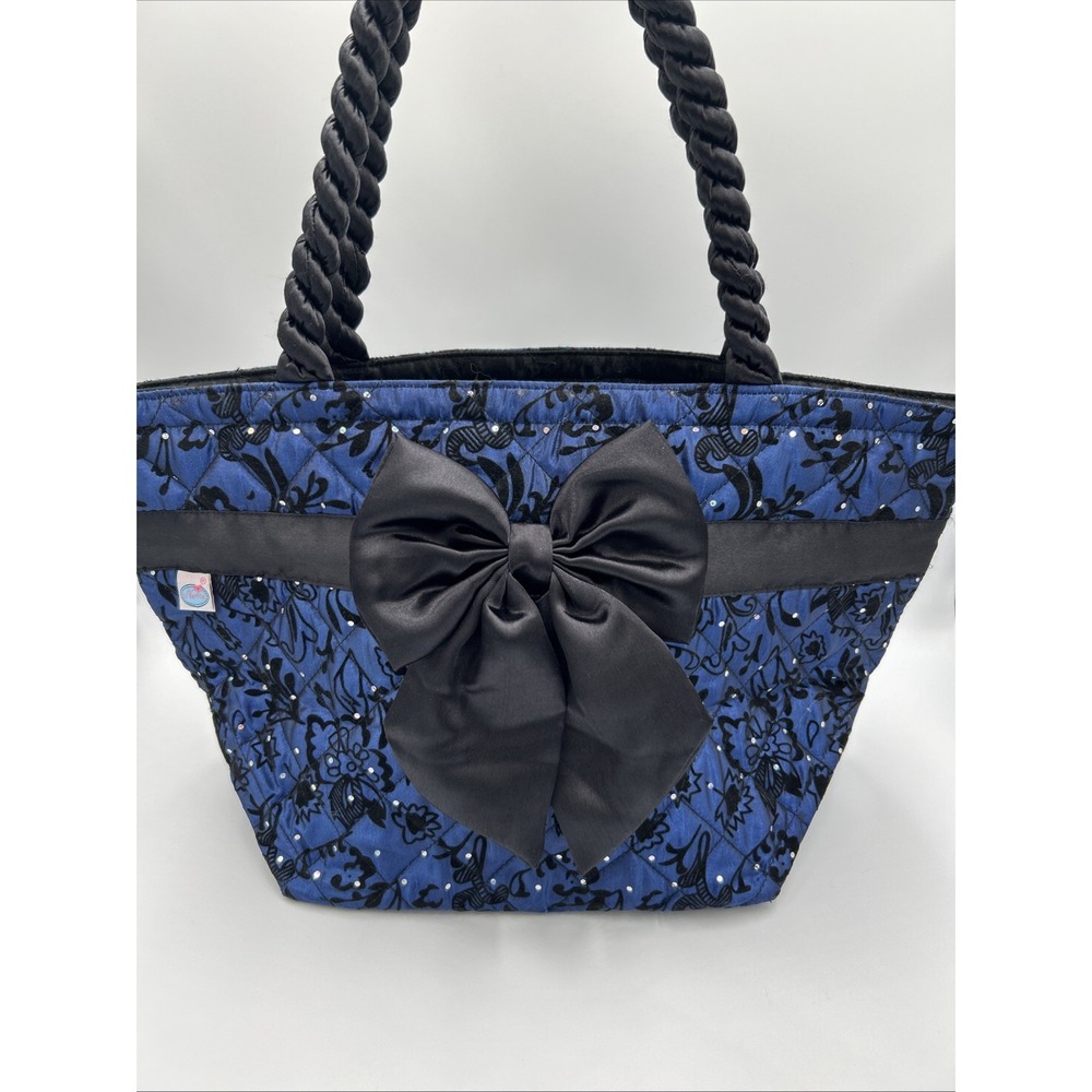 NANTITA Elegant Satin‎ Damask Brocade Print Handbag Blue Black Bow Sequin Medium